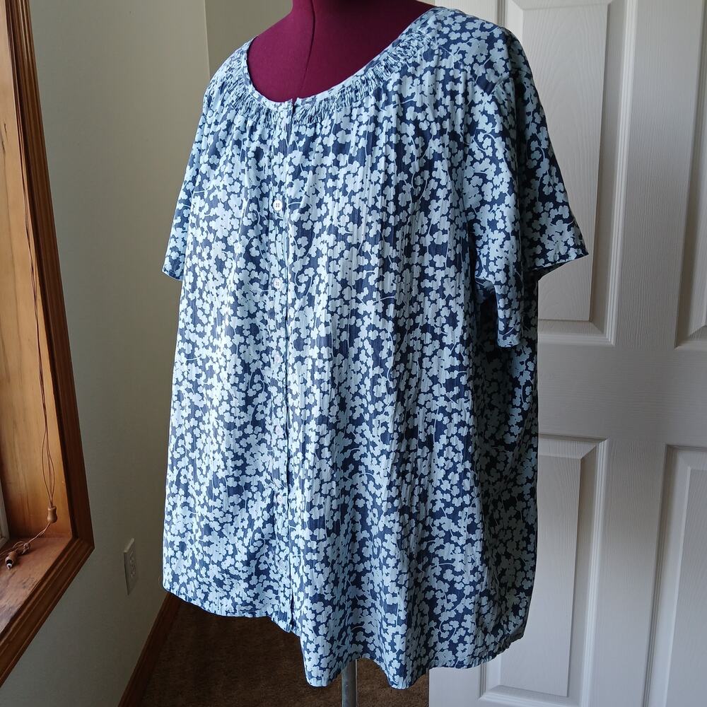 Only Necessities Dark Navy Floral Print Blouse 1X vintage? smocked SS mumu